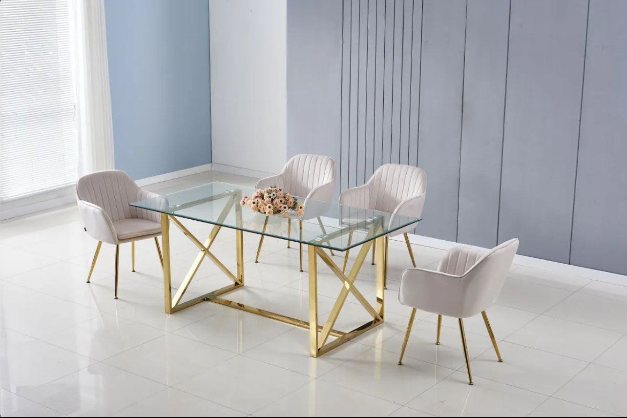 Table à repas KENSY Or/plateau en verre transparent 180x90x75 cm