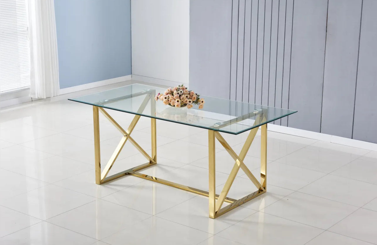 Table à repas KENSY Or/plateau en verre transparent 180x90x75 cm