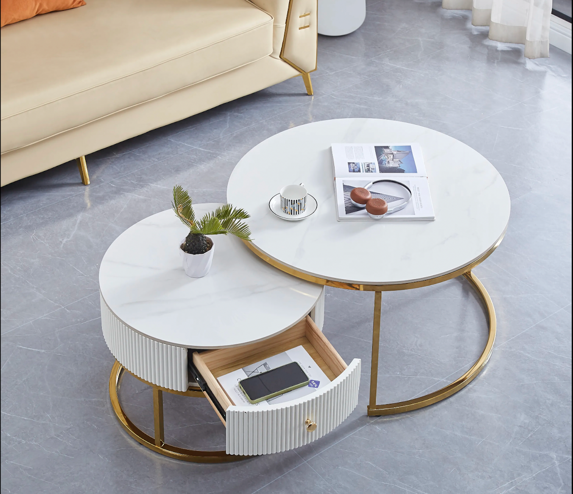 Table Basse Gigogne Samira avec Tiroir en Céramique Marbre Blanc