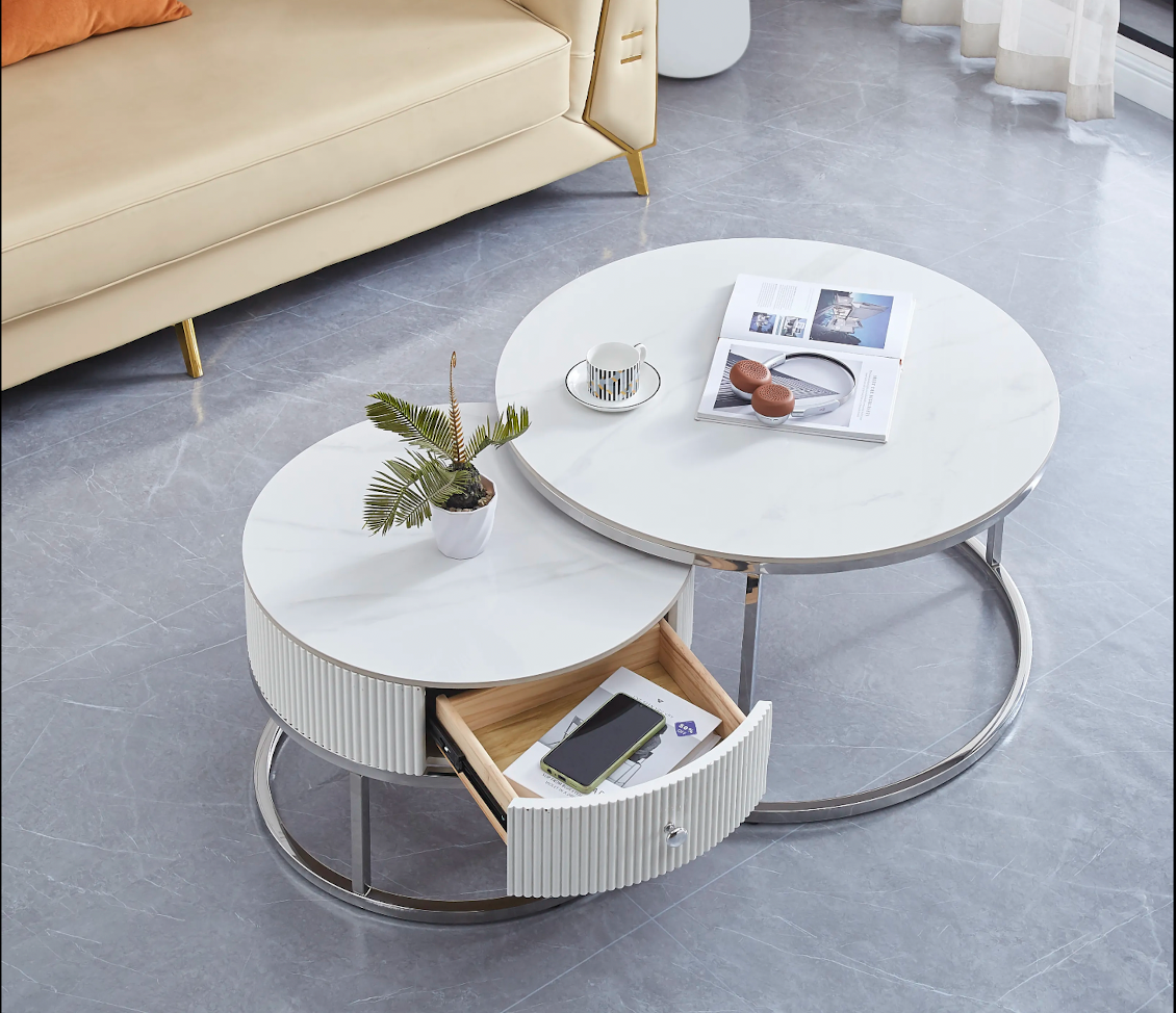 Table Basse Gigogne Samira avec Tiroir en Céramique Marbre Blanc