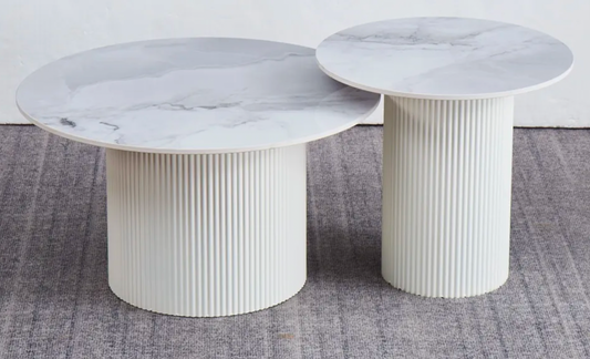 Table Basse Polpo avec Pieds Beiges et Plateau en Céramique Effet Marbre Gris – Set de 2 Tables Modulables pour un Intérieur Élégant