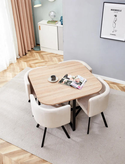 Table à repas VENDOME plateau en bois + 4 Chaises en velours Beige